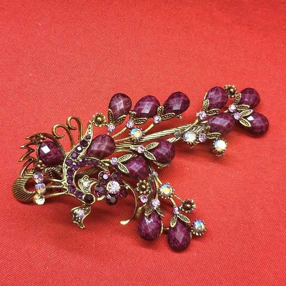 VTG Peacock Hair Clip Claw Purple Acrylic Stones Rhinestones Repaired main image 6